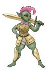  armor big_breasts blackbetty breasts claws clothed clothing female goblin green_body green_skin hair hi_res humanoid humanoid_pointy_ears melee_weapon not_furry solo sword thick_thighs weapon 