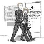  1boy 1girl absurdres boots door english_text highres looking_at_another military military_uniform original ostwindprojekt seno_lepo shadow uniform 