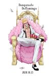  1boy black_shirt blonde_hair can_400 card character_name coat crossed_legs crown dated donquixote_doflamingo feather_coat happy_birthday holding holding_card jewelry joker_(playing_card) looking_at_viewer male_focus muscular muscular_male necklace one_piece open_clothes pants pink_coat playing_card shirt short_hair simple_background sitting smile suit sunglasses teeth throne white_background white_pants white_suit 