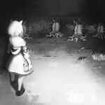  1girl absurdres animal_ears arknights cat_ears cat_girl dress facing_away from_behind full_body grass greyscale highres kal&#039;tsit_(arknights) kusami_toka_naku_au monochrome monster nethersea_spewer_(arknights) off-shoulder_dress off_shoulder oripathy_lesion_(arknights) shoes short_hair solo standing watch waves wristwatch 