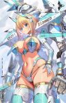  1girl ahoge blonde_hair blue_eyes breasts gloves headgear highres holding holding_sword holding_weapon large_breasts looking_at_viewer mecha_musume navel original short_hair solo sophia_f_shirring standing sword takamine_nadare thighs weapon white_gloves 