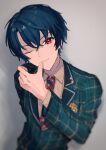  1boy black_hair black_necktie closed_mouth collared_shirt green_jacket highres jacket looking_at_viewer mahoutsukai_no_yakusoku male_focus necktie one_eye_closed piza-chan plaid plaid_jacket red_eyes red_necktie shino_sherwood shirt smile solo striped_necktie white_shirt 