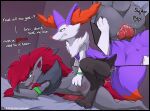  anal anal_penetration animal_genitalia animal_penis anthro anthro_on_anthro anthro_penetrated anthro_penetrating anthro_penetrating_anthro bed blush bodily_fluids braixen canid canine canine_genitalia canine_penis claws cross-popping_vein cum cum_in_ass cum_inside dialogue digitigrade duo ear_piercing english_text erection finger_claws from_behind_position furniture generation_5_pokemon generation_6_pokemon genital_fluids genitals green_eyes hi_res inner_ear_fluff keros_(ssssnowy) knot looking_at_another looking_back looking_down looking_down_at_another male male/male male_penetrated male_penetrating male_penetrating_male mammal nintendo on_bed penetration penis piercing pokemon pokemon_(species) precum sex shaded shiny_pokemon ssssnowy text toe_claws tuft vulcan_(ssssnowy) zoroark 