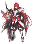  1girl absurdres ahoge armor armored_boots armored_dress black_gloves boots claymore_(sword) clenched_hand detached_sleeves elesis_sieghart fingerless_gloves gem gloves gold_trim grand_chase highres holding holding_weapon light_smile long_hair looking_at_viewer mvrleson official_art red_eyes red_gemstone red_hair red_trim shoulder_armor solo sword transparent_background very_long_hair weapon wrist_guards 