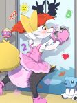  &lt;3 absurd_res ambiguous_gender anthro bathroom bathroom_denial big_diaper blush booties braixen bunnykisses clothing daycare diaper diaper_puff door dress embarrassed generation_6_pokemon hi_res locked nintendo pokemon pokemon_(species) question_mark solo 