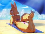  anthro beach beach_towel beach_umbrella bikini canid canine clothed clothing day diane_foxington dreamworks eyebrow_piercing facial_piercing female fluffy fluffy_tail fox green_eyes hi_res looking_back mammal muart242 narrowed_eyes outside partially_clothed piercing seaside seductive sky solo swimwear tail the_bad_guys towel 