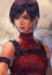  1girl ada_wong bare_shoulders black_hair breasts brown_eyes dress grey_background hungry_clicker medium_breasts red_dress resident_evil resident_evil_4 short_hair sleeveless sleeveless_dress solo swept_bangs upper_body 