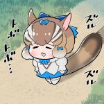  1girl animal_ears bow bowtie brown_hair chipmunk_ears chipmunk_girl chipmunk_tail closed_eyes deon_(jetaime) extra_ears full_body highres kemono_friends kemono_friends_v_project kneehighs open_mouth ribbon scarf shirt short_hair shorts siberian_chipmunk_(kemono_friends) socks solo tail vest virtual_youtuber 