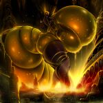  1:1 2023 absurd_res anthro arthropod big_breasts breasts city digital_media_(artwork) drakonst female hi_res huge_breasts hyper hyper_breasts insect landscape_dwarfing looking_down macro solo stadium yellow_body 