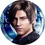  1boy :| avatar_icon beard black_jacket blue_eyes blue_shirt brown_hair closed_mouth commentary_request facial_hair jacket leon_s._kennedy logo lowres male_focus official_art resident_evil resident_evil:_death_island shirt short_hair solo transparent_background upper_body v-shaped_eyebrows 