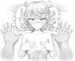  1boy 1girl bed_sheet blush breasts collarbone commentary_request covering_nipples flipped_hair furrowed_brow greyscale looking_at_viewer lying mogudan monochrome on_back one-punch_man parted_lips pillow pov pov_hands short_hair small_breasts solo_focus tatsumaki tsurime upper_body upturned_eyes yukadon 