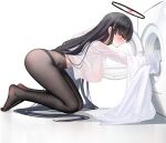  1girl barefoot bent_over black_hair black_halo black_pantyhose blue_archive blush breasts closed_mouth feet from_side full_body hair_ornament hairclip halo hanging_breasts highres huge_breasts kneeling large_breasts laundry leaning_forward long_hair long_sleeves looking_at_object malon_(chuan2700) midriff no_pants pantyhose profile red_eyes rio_(blue_archive) see-through see-through_shirt shirt simple_background solo thighs very_long_hair washing_machine white_background white_shirt 