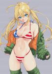  1girl absurdres ahoge american_flag american_flag_bikini american_flag_print aqua_eyes bikini bikini_under_clothes blonde_hair blue_nails blue_shorts blush breasts bright_pupils cleavage closed_mouth collarbone flag_print green_jacket green_thighhighs hassystants highres jacket long_hair long_sleeves looking_at_viewer medium_breasts midriff monica_adenauer multicolored_nails nail_polish navel off_shoulder open_clothes open_jacket red_bikini red_nails short_shorts shorts sleeves_past_wrists smile solo swimsuit thighhighs thong_bikini twintails white_pupils yakitate!!_japan 