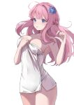  1girl absurdres ahoge blue_eyes blue_flower breasts cleavage collarbone covered_navel cowboy_shot flower hair_flower hair_ornament hand_up highres large_breasts long_hair long_sleeves naked_towel parted_lips pink_hair shiu_kyu simple_background solo towel white_background 