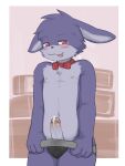  2023 5_fingers anthro bedroom_eyes blue_body blue_fur blush bodily_fluids bonnie_(fnaf) clothing ears_down embarrassed erection fingers five_nights_at_freddy&#039;s fur genital_fluids half-closed_eyes hi_res inside lagomorph leporid looking_at_viewer male mammal narrowed_eyes navel nipples nude_male pivoted_ears precum rabbit red_eyes roo310 scottgames seductive solo television underwear 