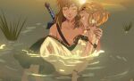  1boy 1girl armlet bare_shoulders blonde_hair bracelet braid breasts carrying censored closed_eyes collarbone crown_braid dangle_earrings dress earrings grass hair_ornament hairclip highres identity_censor jewelry link long_hair master_sword medium_breasts necklace outdoors partially_submerged pointy_ears princess_carry princess_zelda short_hair softp3ach strapless strapless_dress the_legend_of_zelda the_legend_of_zelda:_tears_of_the_kingdom weapon weapon_on_back wet white_dress 