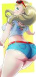  1girl absurdres ass ass_focus belt blonde_hair blue_eyes blush breasts denim denim_shorts eyewear_on_head facing_away highres large_breasts lipstick long_hair looking_at_viewer looking_back makeup midriff nail_polish neucia official_alternate_costume persona persona_5 persona_5_scramble:_the_phantom_strikers pocket shirt short_shorts short_sleeves short_twintails shorts simple_background solo sunglasses takamaki_anne twintails white_shirt 