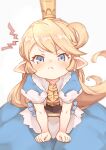  1girl :t absurdres angry bare_arms blonde_hair blue_dress blue_eyes charlotta_(granblue_fantasy) commentary crown dress frown granblue_fantasy harvin highres jingai_modoki light_blush long_hair looking_at_viewer pointy_ears pout puffy_short_sleeves puffy_sleeves short_sleeves simple_background solo swept_bangs tall_crown v-shaped_eyebrows white_background 