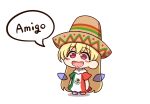  1girl blonde_hair blush_stickers chibi clownpiece commentary_request detached_wings dress drooling fairy_wings full_body hat highres long_hair mexican_flag open_mouth red_eyes shitacemayo smile solo sombrero spanish_text star_(symbol) touhou translated very_long_hair wings 