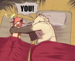  anthro bear bed bedding benedict_(jarnqk) blanket blue_eyes bovid bovine cattle countershading dialogue duo english_text furniture grabbing hair hi_res jarnqk lying male male/male mammal motion_lines navel pink_hair sleeping surprise text white_body white_countershading wide_eyed 