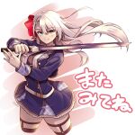  1girl belt black_necktie blue_eyes bow breasts earrings hair_bow highres holding holding_sword holding_weapon jewelry keigen_hichou large_breasts long_hair looking_at_viewer lyseria_christaria miniskirt necktie official_art red_bow seiken_gakuin_no_maken_tsukai shirt skirt sword thighhighs uniform weapon white_belt white_hair white_shirt 