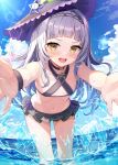 1girl adju_ster bare_shoulders bikini bikini_skirt black_bikini black_choker black_headwear blue_sky blush breasts choker cloud commentary_request criss-cross_halter day grey_hair hair_ornament halterneck hat highres hololive long_hair looking_at_viewer murasaki_shion murasaki_shion_(3rd_costume) navel official_alternate_costume open_mouth outdoors outstretched_arms reaching reaching_towards_viewer sky small_breasts smile solo stomach swimsuit virtual_youtuber water wet witch_hat 