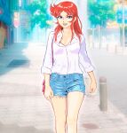  1girl :d blue_eyes blue_eyeshadow blue_shorts day denim denim_shorts eyeshadow highres long_hair looking_at_viewer makeup maria_grace_fleed mazinger_(series) mizumori_keiichi multicolored_eyes open_mouth outdoors pocket purple_eyes red_hair shirt shorts smile solo standing teeth ufo_robo_grendizer upper_teeth_only white_shirt 