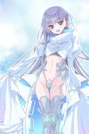  1girl absurdres armored_boots blue_eyes blush boots coat crotch_plate fate/grand_order fate_(series) feet_out_of_frame hair_ribbon highres juliet_sleeves long_hair long_sleeves looking_at_viewer meltryllis_(fate) meltryllis_(third_ascension)_(fate) navel open_mouth puffy_sleeves purple_hair ribbon sleeves_past_fingers sleeves_past_wrists smile solo thigh_gap very_long_hair white_coat white_ribbon yamuimo 
