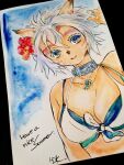  1girl :d adventurer_(ff11) animal_ears bare_shoulders bikini blue_eyes breasts cat_ears cat_girl cleavage collarbone colored_eyelashes doraeshi facial_mark final_fantasy final_fantasy_xi flower flower_necklace front-tie_bikini_top front-tie_top hair_between_eyes hair_flower hair_ornament highres large_breasts layered_bikini mithra_(ff11) multicolored_eyes open_mouth painting_(medium) photo_(medium) red_flower short_hair smile solo swimsuit traditional_media watercolor_(medium) whisker_markings white_bikini white_hair yellow_eyes 