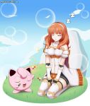  1girl absurdres bare_shoulders black_gloves celica_(fire_emblem) commission crossover dress fire_emblem fire_emblem_echoes:_shadows_of_valentia fire_emblem_gaiden gloves hairband headband highres jigglypuff long_hair music musical_note patdarux pokemon red_hair seiza short_sleeves singing sitting sky sleeping white_dress white_hairband white_headband zzz 