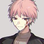  1boy atou_haruki black_jacket blood blood_on_face brown_eyes brown_sweater chinese_commentary chromatic_aberration closed_mouth commentary_request grey_background highres jacket linguihong01278 male_focus open_clothes open_jacket pink_hair portrait saibou_shinkyoku short_hair simple_background smile solo spoilers sweater turtleneck turtleneck_sweater 
