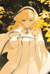  1girl autumn_leaves blonde_hair blue_eyes chongzhen_085 collar cropped_legs cross dress highres light_smile long_hair looking_at_viewer metal_collar mole mole_under_eye nun original sidelocks standing swept_bangs veil white_dress white_veil 