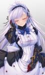  1girl apron azur_lane belfast_(azur_lane) belfast_(serene_steel)_(azur_lane) braid closed_eyes closed_mouth frills gauntlets hand_up highres light_blush long_hair maid maid_apron maid_headdress neck_ribbon official_alternate_costume ribbon simple_background smile solo waa!_okami white_apron white_hair 