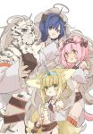  1boy 3girls alternate_costume animal_ear_fluff animal_ears arknights black_bow black_hairband blue_eyes blue_hair blue_hairband blush bow braid braided_hair_rings cat_ears cat_girl cat_tail closed_mouth commentary_request demon_horns detached_sleeves fake_horns fox_ears fox_tail furry furry_male goldenglow_(arknights) green_eyes hair_between_eyes hair_bow hair_rings hairband halo highres horns kirin_(armor) kitsune kyuubi looking_at_viewer mgmg_cc211 monster_hunter_(series) mostima_(arknights) mountain_(arknights) multiple_girls multiple_tails navel open_mouth pink_hair suzuran_(arknights) tail tiger_boy yellow_eyes 