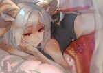 1girl absurdres arknights ass bare_arms bare_shoulders black_leotard carnelian_(arknights) closed_mouth grey_hair hair_between_eyes highres horns indoors kaguura_(kagu) leotard looking_at_viewer lying on_stomach red_eyes solo thigh_strap transparent 