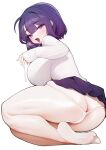  1girl ankle_socks ass blush breasts breath cum cum_on_hands highres huge_breasts long_sleeves looking_at_viewer open_mouth original panties pleated_skirt purple_eyes purple_hair purple_skirt rabbit_(wlsdnjs950) saliva shirt short_hair simple_background skindentation skirt socks solo thong tongue tongue_out underwear white_background white_panties white_shirt white_socks 