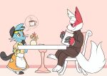  anthro beverage black_body black_fur blue_body blue_fur cafe chair clothed clothing coffee colored dewott dress duo eyewear female fur furniture generation_3_pokemon generation_5_pokemon kipaki maid_cafe maid_uniform male nervous nintendo pokemon pokemon_(species) red_body red_fur serving sitting size_difference smaller_female sunglasses table tail uniform white_body white_fur zangoose 