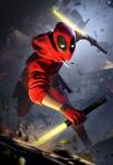  1boy 3d absurdres blurry blurry_background child commentary deadpool_(movie) debris energy_sword english_commentary fantasy gloves guoxiaochen highres hood hoodie kid_deadpool lightsaber looking_at_viewer male_focus marvel marvel_cinematic_universe red_gloves red_hoodie rubble solo sword weapon yellow_lightsaber 
