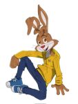  ambiguous_gender anthro bottomwear brown_body brown_fur clothed clothing facial_markings footwear fully_clothed fur head_markings hi_res hoodie kogito lagomorph leporid mammal markings mascot muzzle_(marking) nesquik nesquik_bunny pants rabbit rabbit_ears shoes smile sneakers snout snout_markings solo topwear whiskers 