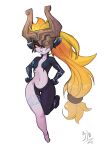  2021 absurd_res arm_markings breasts ear_markings female hair hands_on_hips hi_res humanoid humanoid_pointy_ears leg_markings long_hair looking_sideways markings midna navel nintendo one_eye_obstructed orange_hair red_eyes short_stack signature simple_background small_breasts smile smirk solo sshurart the_legend_of_zelda twili twilight_princess wide_hips yellow_sclera 