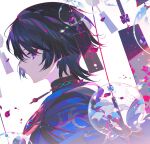  1boy black_hair closed_mouth from_side genshin_impact hair_between_eyes highres japanese_clothes lyodi male_focus mandarin_collar multicolored_hair petals profile purple_eyes purple_hair scaramouche_(genshin_impact) simple_background solo upper_body wanderer_(genshin_impact) white_background wind_chime 