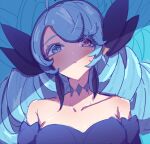  1girl ahoge bare_shoulders black_bow black_sleeves blush bow breasts collarbone detached_sleeves drill_hair green_eyes gwen_(league_of_legends) hair_bow heterochromia large_breasts league_of_legends long_hair monakan_japan portrait red_eyes solo swept_bangs twin_drills twintails 