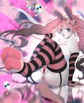  &lt;3 2023 4_toes 5_fingers abstract_background accessory ahoge anthro anus artist_name big_breasts blue_eyes bluevelo bow_ribbon breasts clitoris clothing eyebrow_through_hair eyebrows eyelashes feet female fingers garter_straps genitals hair hair_accessory hair_bow hair_ribbon hi_res lagomorph legwear leporid long_hair looking_at_viewer mammal pattern_clothing pattern_legwear pawpads pink_hair pussy rabbit ribbons sitting skull_and_crossbones sleeves soles solo striped_clothing striped_legwear stripes text thigh_highs toes translucent translucent_hair twintails_(hairstyle) url 