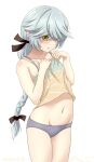  1girl ahoge black_ribbon braid brown_eyes camisole camisole_lift commentary_request cowboy_shot gradient_camisole grey_hair grey_panties hair_over_eyes hair_ribbon hamanami_(kancolle) kantai_collection long_hair navel one-hour_drawing_challenge panties ray.s ribbon simple_background single_braid solo standing underwear white_background yellow_camisole 