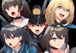  1boy 4girls admiral_(kancolle) atago_(kancolle) black_choker black_hair black_headwear blonde_hair blue_eyes blue_headwear brown_hair choker choukai_(kancolle) choukai_kai_ni_(kancolle) close-up collarbone glasses grin hair_between_eyes hair_ornament hat headgear kantai_collection kloah little_boy_admiral_(kancolle) maya_(kancolle) maya_kai_ni_(kancolle) military military_uniform multiple_girls open_mouth parody peaked_cap red_eyes rimless_eyewear round_teeth school_uniform short_hair smile takao_(kancolle) teeth uniform upper_body upper_teeth_only x_hair_ornament 