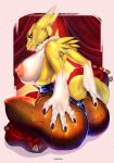  absurd_res anthro bandai_namco big_breasts big_butt blue_eyes breasts butt canid canine clothing digimon digimon_(species) digital_media_(artwork) female fox fur hi_res latex legwear looking_at_viewer mammal nipples redelder renamon simple_background solo tail tights white_body yellow_body 