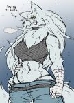  abs anthro arm_wraps bandage bra breasts breath canid canine canis claws clothing collar english_text facial_scar female fist fur grey_body grey_fur hair hand_on_hip hi_res looking_at_viewer mammal midriff muscular muscular_anthro muscular_female navel rakkuguy scar simple_background snarling solo sports_bra string_panties teeth text underwear velvela wolf wraps yellow_eyes 