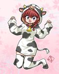  1girl animal_costume animal_ears belt blue_eyes breasts cow_costume cow_ears cow_horns cow_tail hair_between_eyes horns open_mouth pink_background ranma-chan ranma_1/2 red_hair simple_background solo tail wanta_(futoshi) 