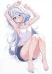  1girl ahoge ardenlolo armpits bare_legs barefoot bed_sheet blue_eyes blue_hair blue_nails blush breasts casual contemporary feet fingernails full_body furina_(genshin_impact) genshin_impact gloves hair_between_eyes knees knees_together_feet_apart knees_up legs light_blue_hair long_hair looking_at_viewer lying multicolored_hair nail_polish on_back small_breasts solo tank_top toenail_polish toenails toes white_hair 