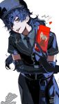  1boy amamiya_ren black_eyes black_gloves black_hair black_headwear btmr_game crossdressing dated elbow_gloves food gloves hat highres holding holding_food long_hair looking_at_viewer male_focus mouth_hold necktie otoko_no_ko persona persona_5 persona_5:_dancing_star_night persona_dancing pocky pocky_day police police_uniform short_sleeves signature simple_background solo twitter_username uniform white_background 